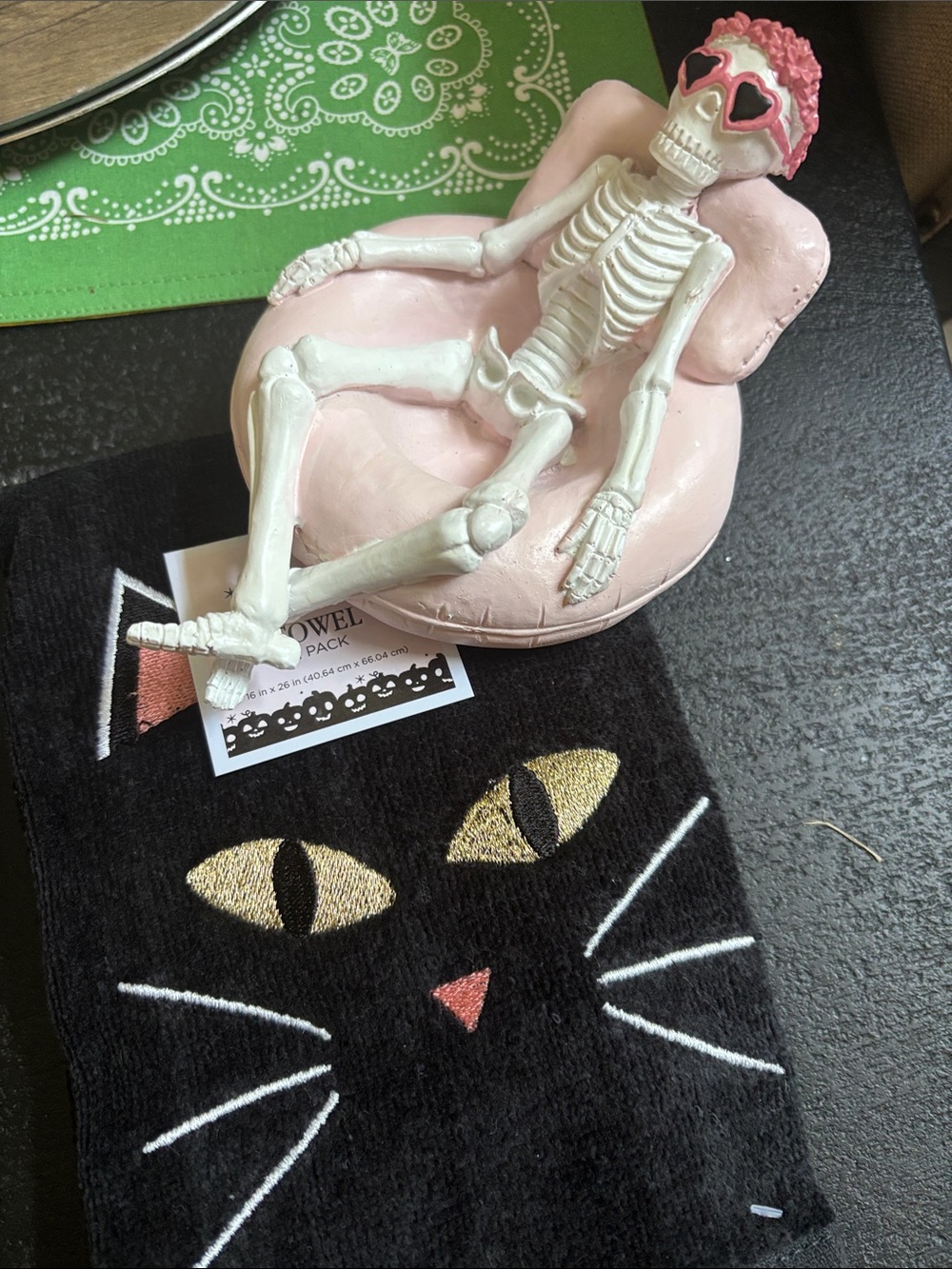 Cat-Themed Black Towel with Gold Eyes - Pink Skeleton Display Accent 2 pc - Picture 2 of 4